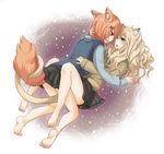  animal_ears barefoot between_legs blonde_hair blue_eyes blush brown_eyes cat_ears cat_tail couple dog_ears dog_tail eye_contact feet girl_on_top hair_ornament hairclip hand_behind_head highres intertwined_tails legs long_hair looking_at_another lying multiple_girls nekoya_saki open_mouth original profile red_hair school_uniform sweater tail vest yuri 