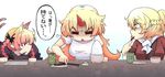  animal_ears bad_id bad_pixiv_id braid cat_ears cat_tail chopsticks eating food green_eyes hair_ribbon horn hoshiguma_yuugi kaenbyou_rin long_hair mizuhashi_parsee multiple_girls multiple_tails pointy_ears ribbon rice sakurai_energy tail touhou translated twin_braids 