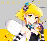  antennae bad_id bad_pixiv_id bare_shoulders blonde_hair breasts cleavage detached_sleeves drinking drinking_straw earrings gloves hair_ornament holding honey insect_girl jewelry leotard monster_girl nardack original short_hair small_breasts solo striped wings yellow_eyes 