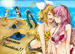  4girls aqua_hair beach bikini blonde_hair day food fruit hair_ornament hair_ribbon hairclip hatsune_miku headphones headset kagamine_len kagamine_rin kaito long_hair megurine_luka meiko multiple_boys multiple_girls pink_hair ribbon short_hair summer swimsuit tenni_noboru twintails vocaloid watermelon 