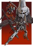  beam_rifle border cable commentary energy_gun full_body glowing glowing_eyes gun highres holding holding_gun holding_weapon juusenki_l-gaim kampen1184 l-gaim_mk_ii looking_at_viewer mecha mecha_focus multiple_views no_humans nouvelle_d.sserd outside_border red_background robot science_fiction twitter_username weapon white_border yellow_eyes 