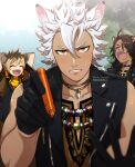  3boys animal_ears black_gloves black_jacket blush character_name commentary_request con_potata dark-skinned_male dark_skin gloves holding holding_marker hyena_boy hyena_ears jack_howl jacket leather leather_jacket leona_kingscholar lion_boy lion_ears looking_at_viewer male_focus marker multiple_boys outdoors ruggie_bucchi savanaclaw_dorm savanaclaw_dorm_uniform short_hair sleeveless sleeveless_jacket twisted_wonderland upper_body white_hair wolf_boy wolf_ears writing yellow_eyes 