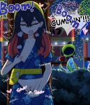  1boy 1girl aerial_fireworks bag bar_censor bite_mark bite_mark_on_neck blue_shirt blue_shorts bush candy_apple carmine_(pokemon) censored closed_eyes clothes_pull collarbone commentary_request english_text fanny_pack female_ejaculation female_masturbation female_orgasm female_pubic_hair fingering fireworks food hair_between_eyes hairband heart highres kieran_(pokemon) long_hair masturbation multicolored_hair night nipples one_breast_out open_mouth orgasm outdoors pokemon pokemon_scarlet_and_violet pubic_hair public_indecency public_masturbation shirt shorts shorts_pull simesaba_(xwdt4337) sky speech_bubble stealth_masturbation sweat teeth tree trembling two-tone_hair upper_teeth_only vaginal yellow_bag yellow_hairband zipper_pull_tab 