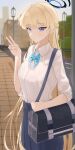  1girl absurdres aqua_bow aqua_bowtie bag blonde_hair blue_archive blue_bow blue_eyes blue_halo blue_skirt bow bowtie braid collared_shirt commentary_request gangjeong halo highres korean_commentary long_hair looking_at_viewer loose_bowtie official_alternate_costume outdoors pleated_skirt school_bag school_uniform shirt shoulder_bag skirt solo toki_(blue_archive) toki_(school_uniform)_(blue_archive) v white_shirt 