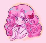  1girl :o absurdres bow bubba_nuki commentary_request curly_hair hair_bow hand_up highres long_hair pink_background pink_eyes pink_hair pink_nails portrait ran_(urusei_yatsura) red_bow solo spanish_commentary urusei_yatsura 