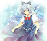  amazuki_jou bad_id bad_pixiv_id blue_eyes blue_hair bow cirno hair_bow open_mouth ribbon short_hair skirt_hold smile solo touhou wings 