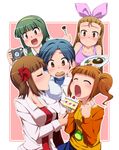  amami_haruka blue_hair blush bon_(moegomi) brown_eyes brown_hair cake camera closed_eyes feeding food green_hair idolmaster idolmaster_(classic) kisaragi_chihaya long_hair minase_iori mole mole_under_mouth mouth_hold multiple_girls open_mouth otonashi_kotori raglan_sleeves shared_food short_hair takatsuki_yayoi twintails yuri yurijoshi 