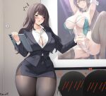  1girl 2others :o ^^^ black_jacket black_pantyhose black_skirt blazer blunt_bangs blush breasts brittany_(keenh) brown_hair business_suit cleavage collarbone collared_shirt commentary commission covered_navel curvy dress_shirt english_commentary green_eyes highres holding holding_tablet_pc indoors jacket keenh long_hair long_sleeves multiple_others open_mouth original pantyhose shirt sidelocks skirt standing suit tablet_pc white_shirt wide_hips 