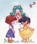  2boys 3girls ^_^ absurdres barefoot black_hair blue_dress blush brown_eyes brown_hair bubba_nuki character_request chibi chibi_only closed_eyes commentary curtsey denim denim_dress dress english_commentary father_and_child father_and_daughter floating fujinami_ryuunosuke green_hair highres horns long_hair lum miyake_shinobu multiple_boys multiple_girls open_mouth parent_and_child shirt short_hair small_horns smile striped_horns tearing_up ten_(urusei_yatsura) urusei_yatsura yellow_dress yellow_horns yellow_shirt 