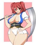  bad_id bad_pixiv_id breasts cleavage curvy hair_bobbles hair_ornament kyokutou_hentai_samurai large_breasts onozuka_komachi panties plump red_eyes red_hair scythe short_hair solo thick_thighs thighs touhou two_side_up underwear wide_hips 