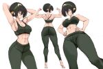  1girl :/ abs armpits arms_behind_head arms_up ass avatar:_the_last_airbender avatar_legends back back_muscles biceps black_hair blind breasts cleavage collarbone commentary deltoids double_biceps_pose flexing from_below green_hairband green_pants green_sports_bra grey_eyes hair_between_eyes hair_bun hairband hands_on_own_hips highres large_breasts linea_alba looking_at_viewer looking_back looking_to_the_side median_furrow multiple_views muscular muscular_female navel pants parted_lips rakeemspoon short_hair shoulder_blades sidelocks simple_background single_hair_bun sketch smile sports_bra standing teeth thighs toph_beifong triceps white_background 
