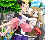  1girl :t black_hair blonde_hair blush bow bowtie brown_hair butler carrying cattleya_(pokemon) dress formal frontier_brain gen_2_pokemon gen_4_pokemon glasses gloves green_eyes hair_ribbon houndoom kokuran_(pokemon) long_hair multicolored_hair pokemoa pokemon pokemon_(creature) pokemon_(game) pokemon_dppt pokemon_platinum princess_carry prinplup ribbon staravia suit two-tone_hair wavy_hair 