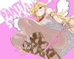  1girl absurdres armlet ass bare_shoulders blonde_hair blue_eyes breasts clothes_pull copyright_name dress earrings feathered_wings from_below gangjeong gladiator_sandals gold_armlet gold_wrist_cuffs halo highres jewelry long_hair looking_at_viewer looking_down multiple_rings panties panties_around_one_ankle panty_&amp;_stocking_with_garterbelt panty_(psg) panty_pull pink_background pink_panties pulling_own_clothes ring sandals simple_background smile solo thighs traditional_halo underwear upskirt white_dress white_wings wings 