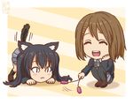  :3 animal_ears black_hair blazer blush_stickers brown_hair cat_ears cat_tail cat_teaser chibi closed_eyes hair_ornament hairclip hirasawa_yui ikeda_(cpt) jacket k-on! kneehighs long_hair multiple_girls nakano_azusa pantyhose school_uniform short_hair skirt slit_pupils smile socks squatting tail twintails 