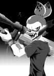  1boy bandana commentary_request e-liter_3k_(splatoon) eye_mask furrowed_brow highres holding holding_weapon looking_at_viewer looking_back mask monochrome nanimaroom shirt short_sleeves simple_background skull-kun_(splatoon) skull_print solo splatoon_(manga) splatoon_(series) spotted_hair topknot upper_body weapon wristband 