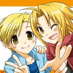  alphonse_elric blonde_hair brothers casual edward_elric fullmetal_alchemist long_hair multiple_boys ruo_(cruzada) siblings v yellow_eyes younger 
