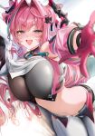  1girl absurdres aqua_hair arknights arknights:_endfield black_horns blue_eyes breasts commentary_request dragon_girl dragon_horns dragon_tail gloves hair_intakes hair_on_horn highres horns large_breasts long_hair looking_at_viewer midriff multicolored_gloves multicolored_hair multicolored_horns navel open_mouth pants pink_gloves pink_hair pink_horns pink_sleeves pink_tube_top simple_background solo strapless tail tube_top two-sided_gloves two-tone_gloves two-tone_hair two-tone_horns very_long_hair white_background white_pants yufou yvonne_(arknights) 