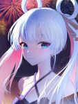 1girl absurdres aerial_fireworks bare_shoulders blue_background blue_eyes blueiseul blunt_bangs cho_kaguya-hime! closed_mouth commentary_request fireworks hair_ornament hair_rings hair_stick highres japanese_clothes long_hair looking_at_viewer night off_shoulder pink_hair runami_yachiyo sky smile solo twintails upper_body white_hair 