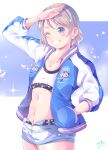  1girl aquarium arm_up birthday blue_background blue_eyes blush breasts character_name chibi cleavage commentary_request crop_top dot_nose falling_petals grey_hair hand_in_pocket happy_birthday highres jacket koi_ni_naritai_aquarium light_particles long_sleeves love_live! love_live!_sunshine!! navel one_eye_closed open_clothes open_jacket open_shorts petals pink_petals salute short_hair shorts signature simple_background smile solo sports_bra stomach sukajan thighs watanabe_you wavy_hair white_background 