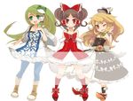  alternate_costume alternate_hairstyle bare_shoulders blonde_hair blue_legwear boots bow brown_hair frills frog full_body gathers green_eyes green_hair hair_bow hair_ornament hakurei_reimu hat iosys kirisame_marisa kneehighs kochiya_sanae long_hair mota multiple_girls one_eye_closed open_mouth pink_eyes red_legwear shoes smile snake socks thighhighs touhou transparent_background wrist_cuffs yellow_eyes 