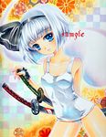  at_classics black_hairband blue_eyes ghost hairband katana konpaku_youmu konpaku_youmu_(ghost) marker_(medium) one-piece_swimsuit sample school_swimsuit short_hair silver_hair smile solo swimsuit sword touhou traditional_media weapon white_school_swimsuit white_swimsuit 