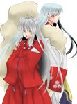  animal_ears back-to-back brothers dog_ears facial_mark hexagon highres inuyasha inuyasha_(character) japanese_clothes jewelry long_hair male_focus matano_maya multiple_boys necklace pointy_ears sesshoumaru siblings silver_hair simple_background white_background yellow_eyes 