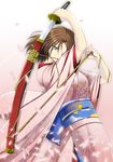  absurdres bad_id bad_pixiv_id brown_hair cherry_blossoms flower highres japanese_clothes kara_no_kyoukai katana kimono oltolos petals ryougi_shiki sheath short_hair solo sword unsheathing weapon 