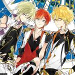  3boys a_(dear_vocalist) ahoge bare_shoulders black_gloves black_shirt blonde_hair choker closed_mouth copyright_logo cowboy_shot dear_vocalist dutch_angle eighth_note expressionless from_below gloves green_eyes grey_eyes hair_between_eyes hand_on_own_hip hand_up jacket judah_(dear_vocalist) knee_up light_smile logo looking_at_viewer male_focus medium_hair momochi_(dear_vocalist) mullet multicolored_jacket multicolored_shirt multiple_boys musical_note official_art open_clothes open_jacket pants partially_fingerless_gloves partially_open_jacket purple_eyes red_hair red_shirt shirt short_hair sideways_glance single_sidelock sleeves_rolled_up smile straight_hair suou_(sdurorhr) swept_bangs tareme waving wavy_hair white_choker white_gloves white_jacket white_pants white_shirt yellow_eyes 