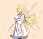  blonde_hair closed_eyes collet_brunel dress gloves happy jewelry long_hair miho_(mi) necklace pantyhose petals sepia_background smile solo tales_of_(series) tales_of_symphonia white_gloves wings 