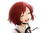  ^_^ bangs black_neckwear black_ribbon bob_cut child closed_eyes doutoku_no_jukai_(vocaloid) happy hima_(ab_gata) laughing meiko neck_ribbon open_mouth portrait red_hair ribbon short_hair simple_background solo suspenders swept_bangs upper_body vocaloid white_background younger 