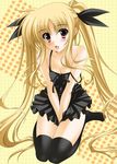  blonde_hair blush breasts cleavage dress fate_testarossa highres kneeling long_hair lyrical_nanoha mahou_shoujo_lyrical_nanoha mahou_shoujo_lyrical_nanoha_a's medium_breasts oda_ken'ichi open_mouth red_eyes ribbon solo thighhighs twintails 
