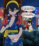  1boy 1girl bag bar_censor bite_mark bite_mark_on_neck blue_shirt blue_shorts breath bush candy_apple carmine_(pokemon) censored clothes_pull collarbone commentary_request english_text fanny_pack female_masturbation female_pubic_hair fingering food hair_between_eyes hairband highres kieran_(pokemon) long_hair masturbation multicolored_hair night nipples one_breast_out open_mouth outdoors pokemon pokemon_scarlet_and_violet pubic_hair public_indecency public_masturbation shirt shorts shorts_pull simesaba_(xwdt4337) sky speech_bubble stealth_masturbation sweat tree two-tone_hair vaginal yellow_bag yellow_eyes yellow_hairband zipper_pull_tab 