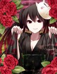  black_hair flower fox_mask hatsune_miku highres irohara_mitabi japanese_clothes kimono long_hair mask musunde_hiraite_rasetsu_to_mukuro_(vocaloid) red_eyes red_flower red_rose rose smile solo twintails very_long_hair vocaloid yukata 