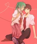  1girl amazuki_jou bad_id bad_pixiv_id blue_eyes blush brown_hair couple green_hair hand_on_hip heart hetero higurashi_no_naku_koro_ni kneeling long_hair maebara_keiichi necktie ponytail purple_eyes red_neckwear school_uniform short_hair sitting sonozaki_mion 