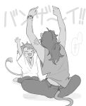  2boys animal_ears arms_up cheka_kingscholar child closed_eyes commentary_request con_potata fang greyscale indian_style leona_kingscholar lion_boy lion_ears lion_tail long_hair male_focus monochrome multiple_boys shirt simple_background sitting sleeveless sleeveless_shirt tail translation_request twisted_wonderland uncle_and_nephew wariza white_background 
