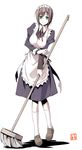  apron broom brown_hair copyright_request green_eyes highres himura_kiseki maid maid_headdress short_hair smile socks solo 