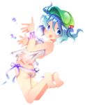 bad_feet barefoot blue_eyes blue_hair camisole feet full_body hair_bobbles hair_ornament hat jumping kawashiro_nitori koro_(artist) lingerie panties short_hair simple_background solo touhou two_side_up underwear 