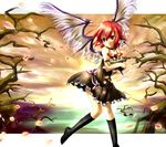  animal_ears bare_shoulders bare_tree black_legwear choker dress giwa hat hat_removed headwear_removed kneehighs mystia_lorelei petals red_eyes red_hair short_hair socks solo touhou tree wings 