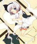  bad_id bad_pixiv_id barefoot black_hairband bloomers blue_eyes blush feet from_above ghost hairband hug konpaku_youmu konpaku_youmu_(ghost) lying on_side one_eye_closed purin_jiisan short_hair silver_hair skirt skirt_removed solo tatami touhou underwear 