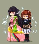  armband bad_id bad_pixiv_id black_hair blue_eyes book chibi dress featherine_augustus_aurora hair_bobbles hair_ornament long_hair multiple_girls purple_eyes red_hair shirokura thighhighs twintails umineko_no_naku_koro_ni ushiromiya_ange 