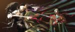  3boys azzz_6687 bandaged_arm bandaged_head bandages black_hair black_wings blazer brown_hair buzz_cut character_request cowboy_shot disco_elysium face-to-face facial_hair feathered_wings gloves green_jacket hair_slicked_back harry_du_bois highres jacket kim_kitsuragi looking_at_another male_focus mullet multiple_boys mutton_chops orange_gloves pulling round_eyewear shirt short_hair very_short_hair white_shirt wings 