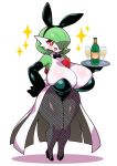  1girl animal_ears bare_shoulders black_gloves black_leotard blush bow bowtie breasts champagne_bottle champagne_flute cleavage colored_skin commentary_request cup detached_collar drinking_glass elbow_gloves fake_animal_ears fake_tail fishnet_pantyhose fishnets full_body gardevoir gloves green_hair green_skin grey_pantyhose high_heels highleg highleg_leotard highres huge_breasts leotard looking_at_viewer multicolored_skin open_mouth pantyhose playboy_bunny pokemon pokemon_(creature) rabbit_ears rabbit_tail red_eyes short_hair showgirl_skirt siglk skirt smile solo sparkle tail thick_thighs thighs tray two-tone_skin white_skin white_skirt 
