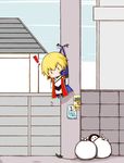  1boy arakune blazblue blonde_hair chibi hanging jin_kisaragi male_focus trash_bag 