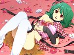  bow fang flower green_hair hat heart lying macross macross_frontier navel on_back open_mouth pillow ranka_lee red_eyes ribbon short_hair smile solo thighhighs tsukota 