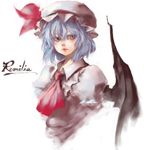  ascot bat_wings character_name hat jpeg_artifacts lavender_hair lowres remilia_scarlet sachito short_hair simple_background solo touhou upper_body wings 