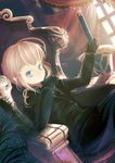  aqua_eyes artoria_pendragon_(all) black_gloves blonde_hair curtains excalibur fate/zero fate_(series) formal gloves highres pant_suit saber sitting solo suit sword throne tragic_comedy weapon window 
