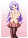  crossdressing h-kyuu_yuugekitai happiness! heart heart_hands long_hair male_focus one_eye_closed otoko_no_ko pantyhose purple_eyes purple_hair school_uniform solo watarase_jun 