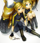  1girl alternate_costume aonoe bad_id bad_pixiv_id blonde_hair blue_eyes boots brother_and_sister candy detached_sleeves fingerless_gloves food gloves ground_vehicle hair_ornament hairclip hairpin kagamine_len kagamine_rin lollipop matsunaka_hiro motor_vehicle motorcycle nail_polish ponytail short_hair siblings sitting smile twins vocaloid yellow_nails 