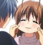  1girl blue_hair brown_hair cheek_pinching clannad closed_eyes furukawa_nagisa okazaki_tomoya pinching short_hair toshipon 