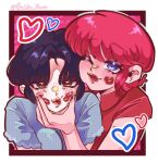  2girls ;) absurdres blue_eyes blue_hair blue_shirt braid brown_eyes bubba_nuki closed_mouth commentary drawn_blush hand_on_another's_face heart highres lipstick_mark lipstick_mark_on_face multiple_girls one_eye_closed pink_background pink_hair ranma-chan ranma_1/2 red_lips red_shirt shirt short_hair single_braid smile tendou_akane yuri 
